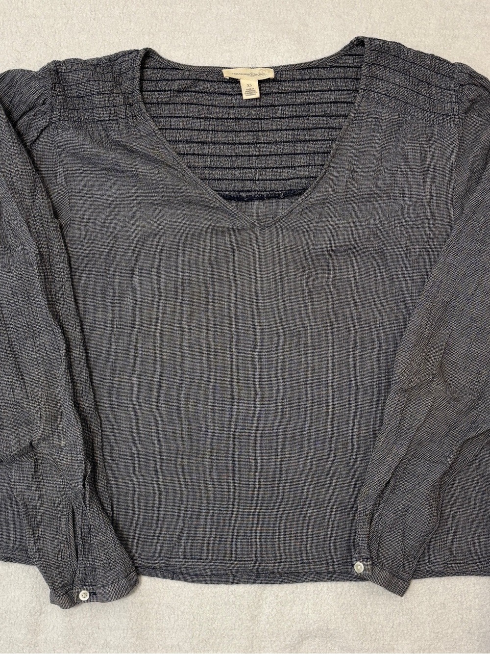 Treasure&Bond V-neck Blouse Fine Micro-check Pattern Blue/White Size XS
